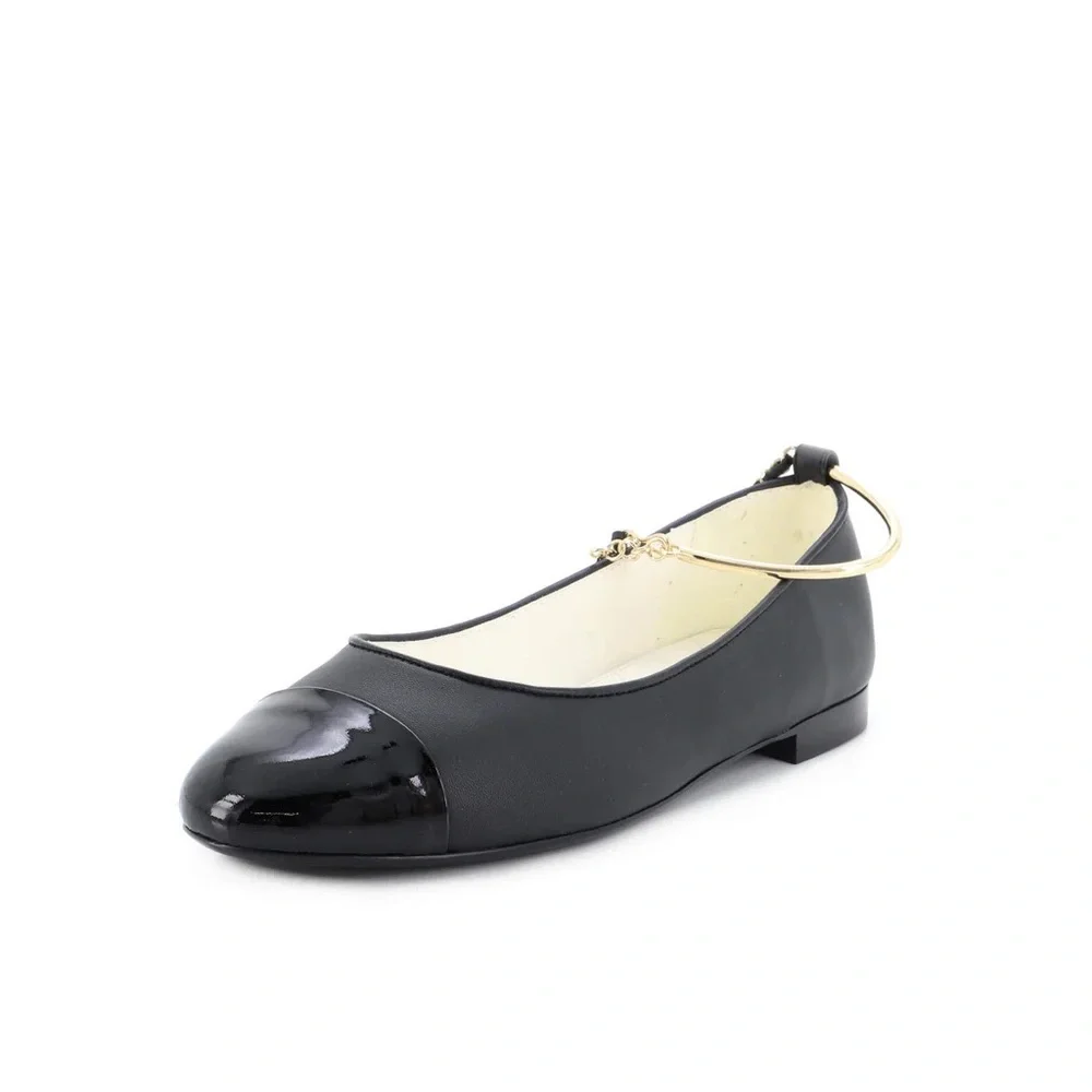 Chanel Cap Toe Leather Ballet Flats with Ankle Chain - Picture 2 of 5